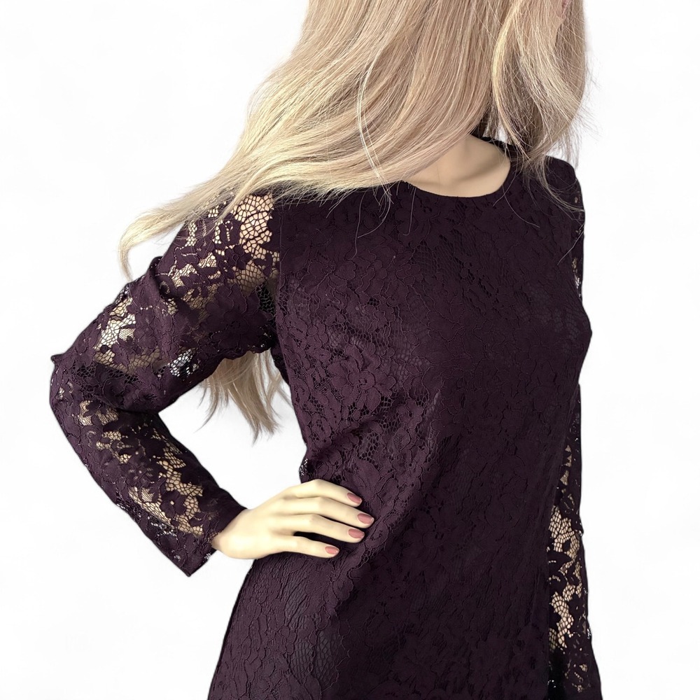 Plum Lace Shift Dress NWT Small | Retro 60s Mod Style | Long Sleeve Mini - Picture 4 of 9
